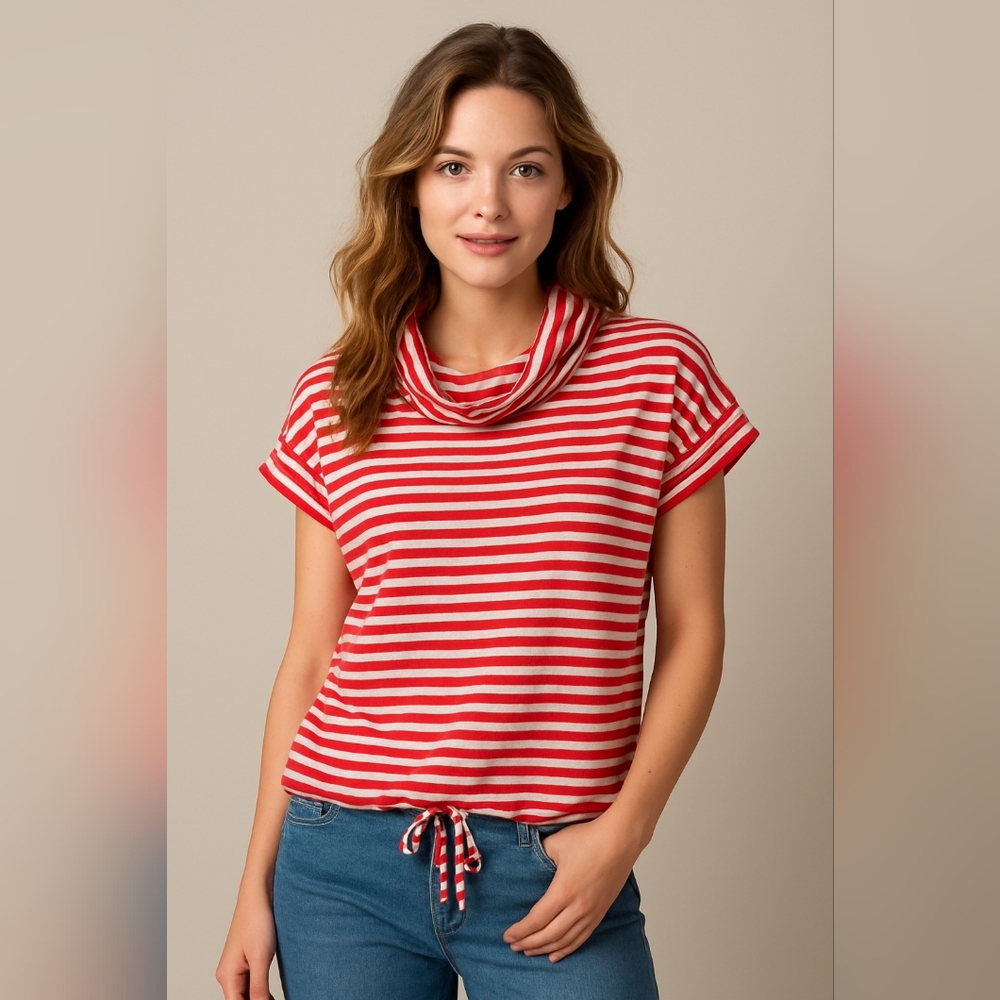 Vintage 70s 80s Expedition Red & White Striped Cowl Neck Tunic Blouse L